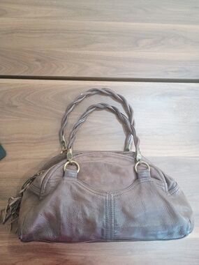 Taupe Braided-Handle Leather Shoulder Bag